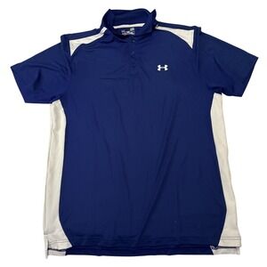 Under Armour HeatGear Mens Large Navy Blue White Colorblock Polo Shirt Loose Fit